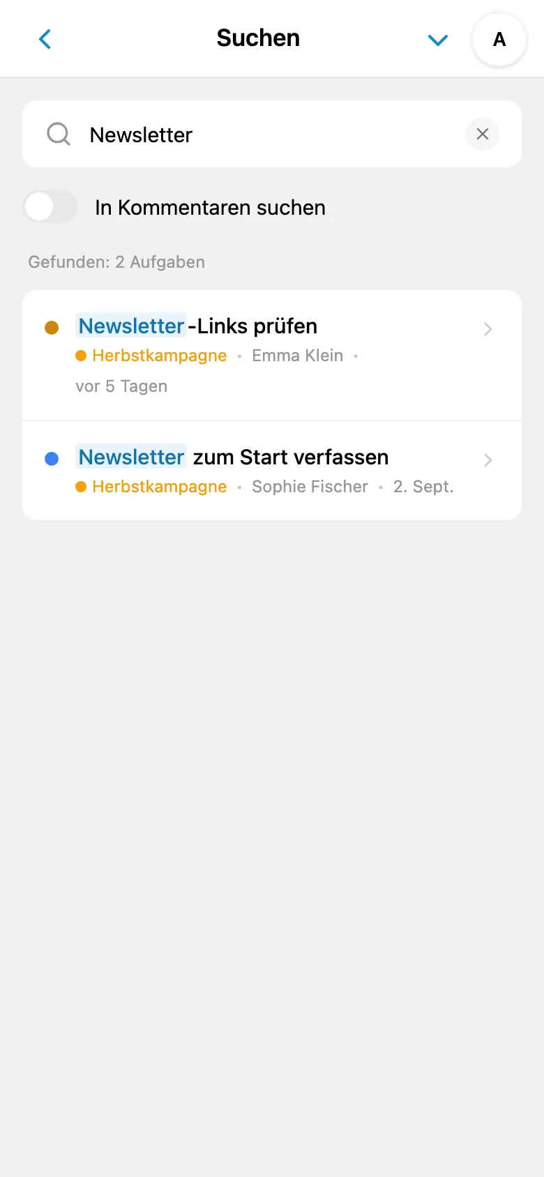 Aufgabensuche mit eingegebener Suchanfrage und Ergebnissen