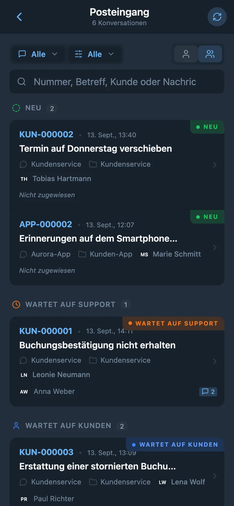 Eingehende Kundenanfragen mit unterschiedlichen Status