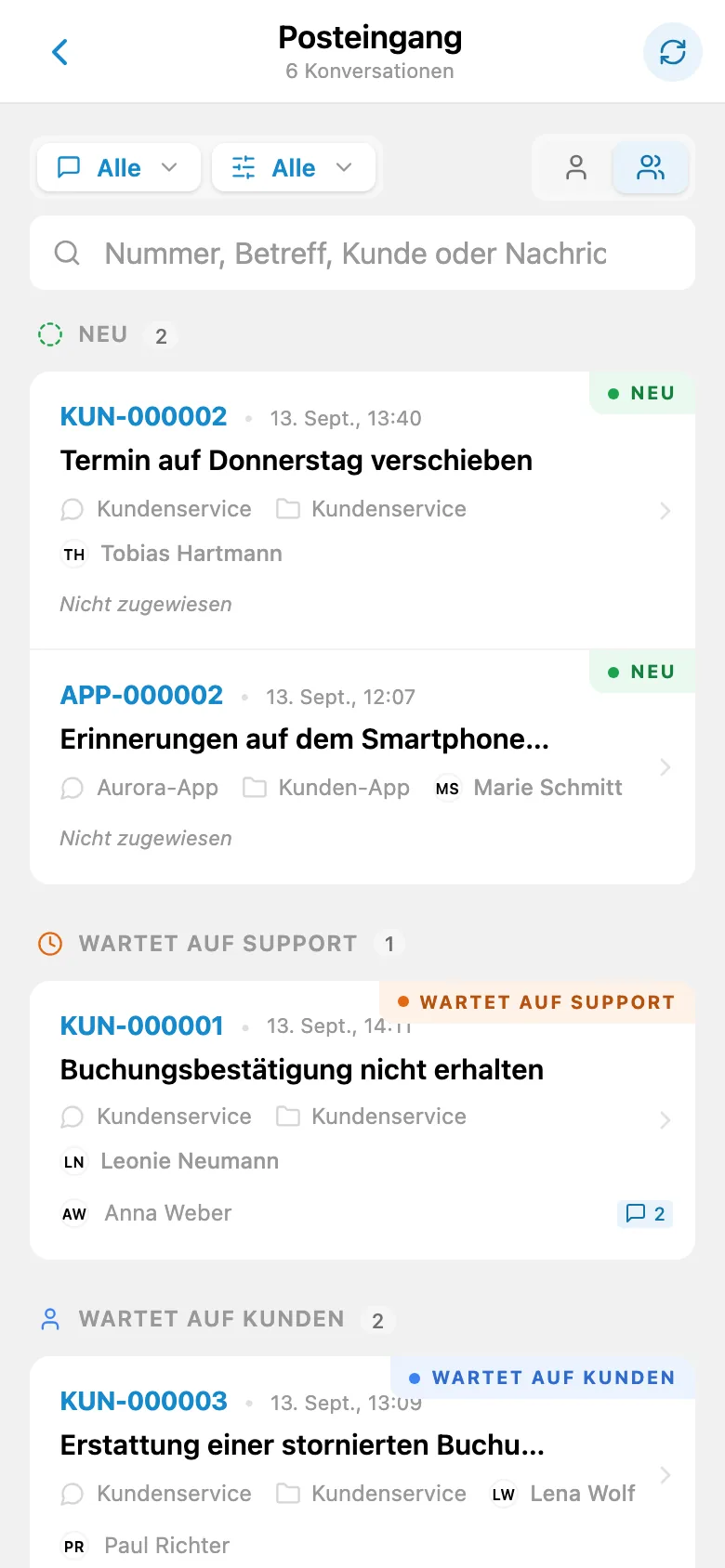 Eingehende Kundenanfragen mit unterschiedlichen Status