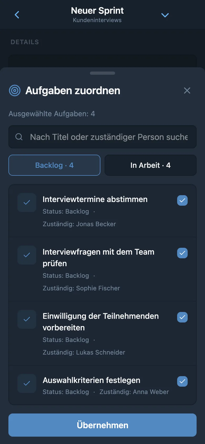 Auswahl von Projekt-Backlog-Aufgaben, die einem Sprint hinzugefügt werden sollen