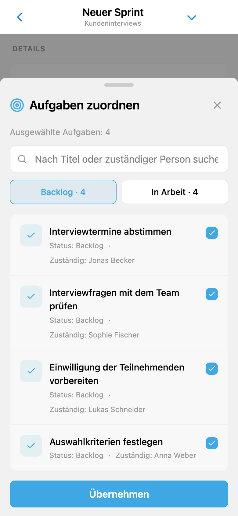 Auswahl von Projekt-Backlog-Aufgaben, die einem Sprint hinzugefügt werden sollen