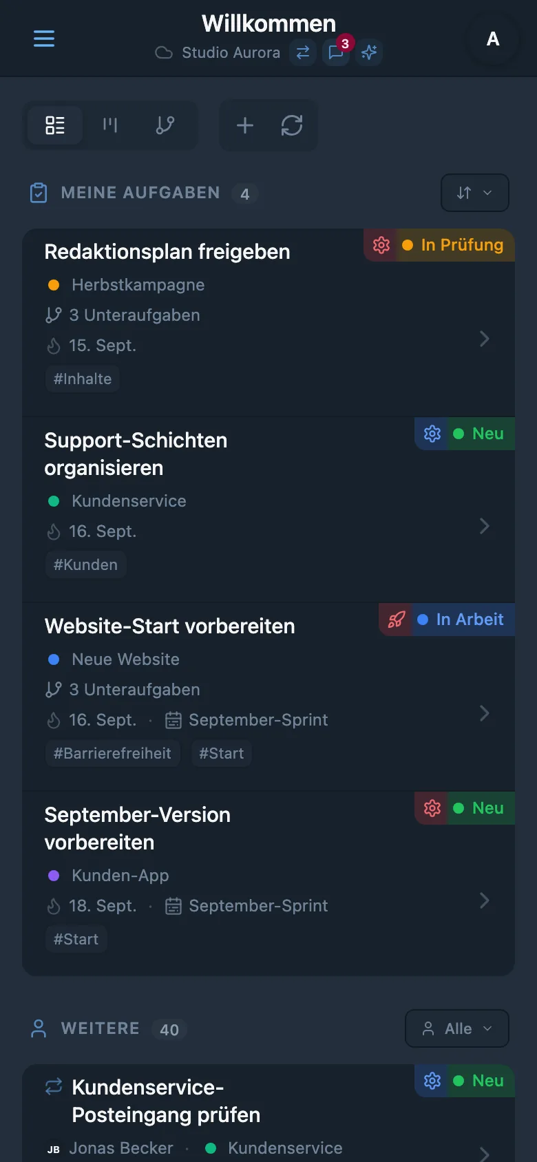 Aufgabenliste des Studios mit Status, Projekten und Fälligkeitsterminen