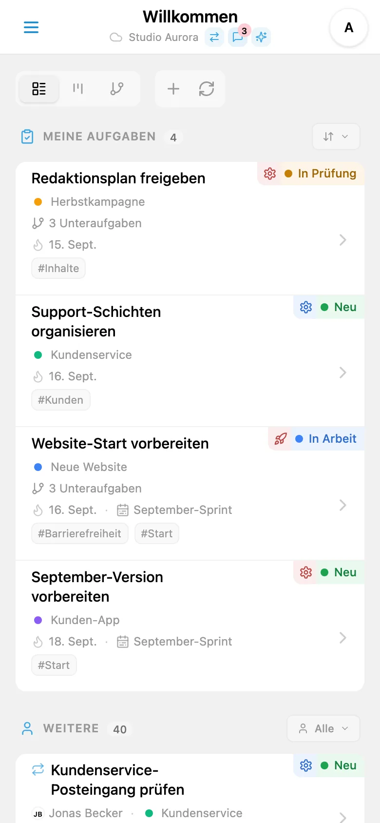 Aufgabenliste des Studios mit Status, Projekten und Fälligkeitsterminen