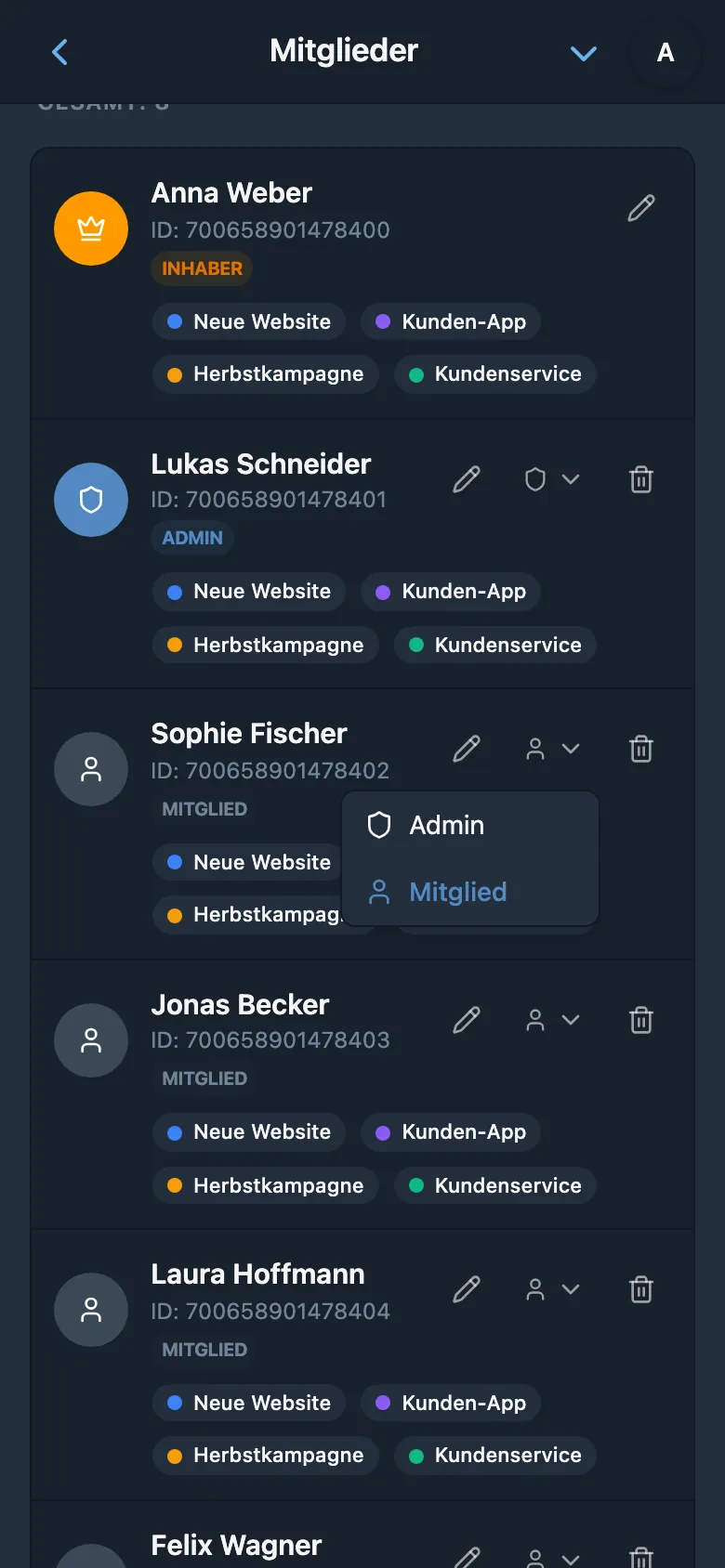 Rolle eines Workspace-Mitglieds auswählen