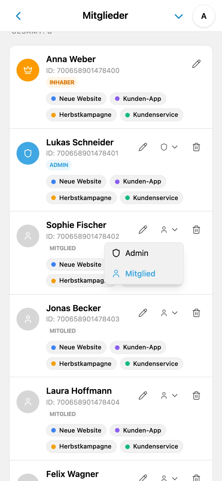 Rolle eines Workspace-Mitglieds auswählen