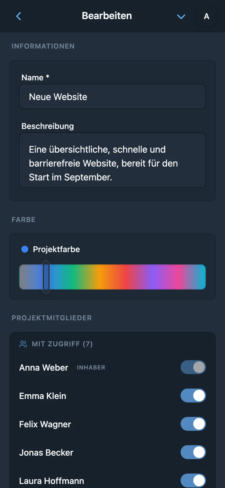 Farbe in den Projekteinstellungen auswählen