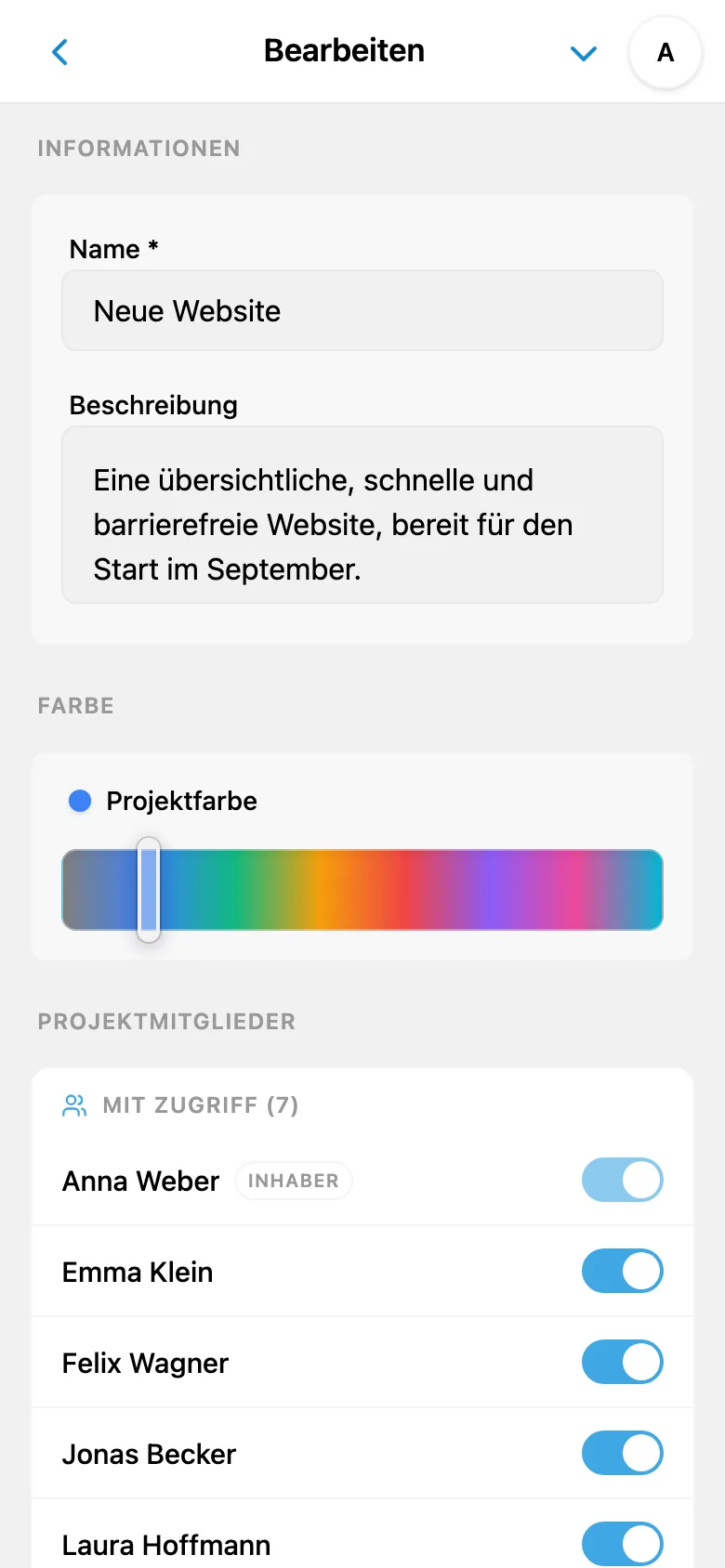 Farbe in den Projekteinstellungen auswählen