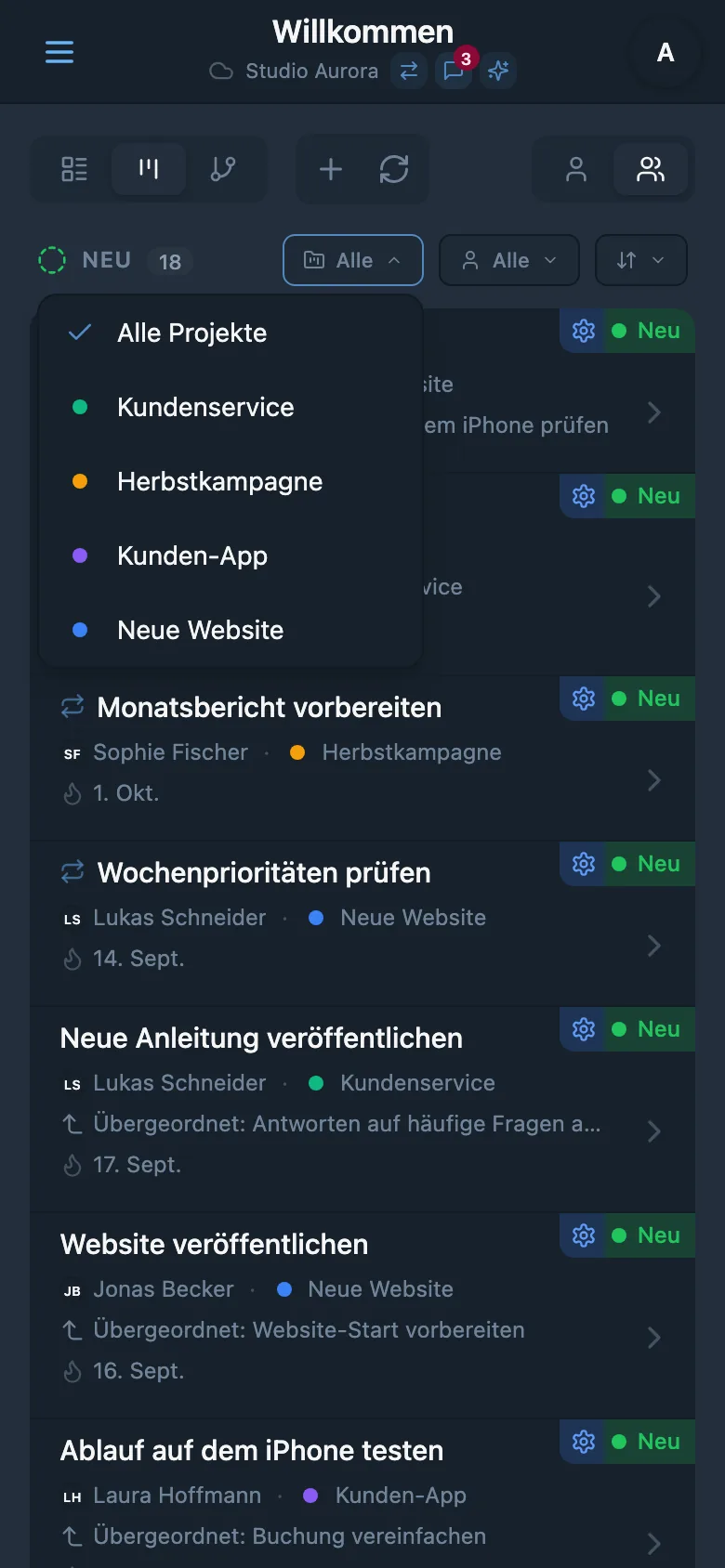 Filterbereich für Aufgaben nach Projekt