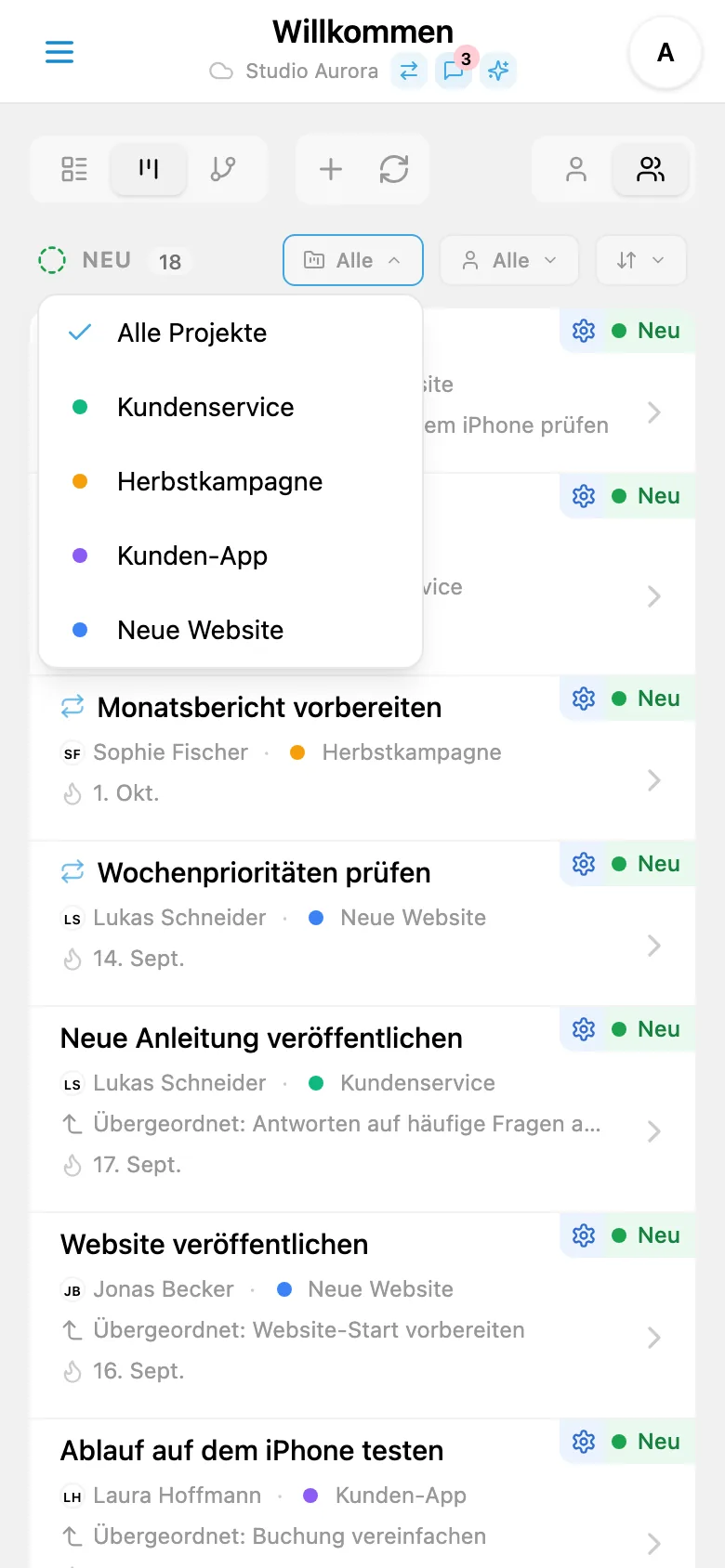 Filterbereich für Aufgaben nach Projekt