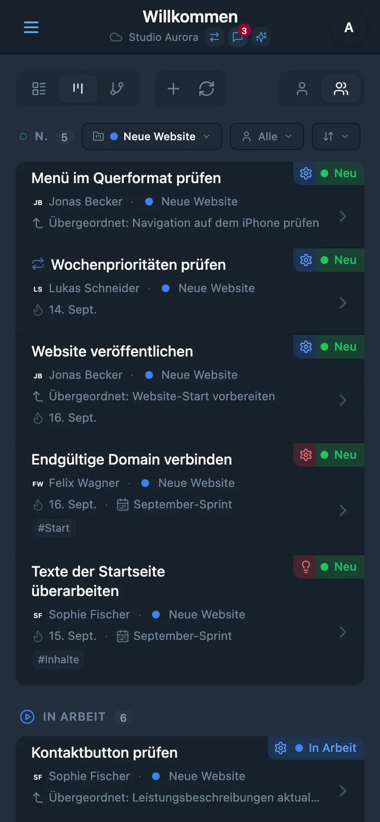 Aufgaben des ausgewählten Projekts mit seiner Farbmarkierung