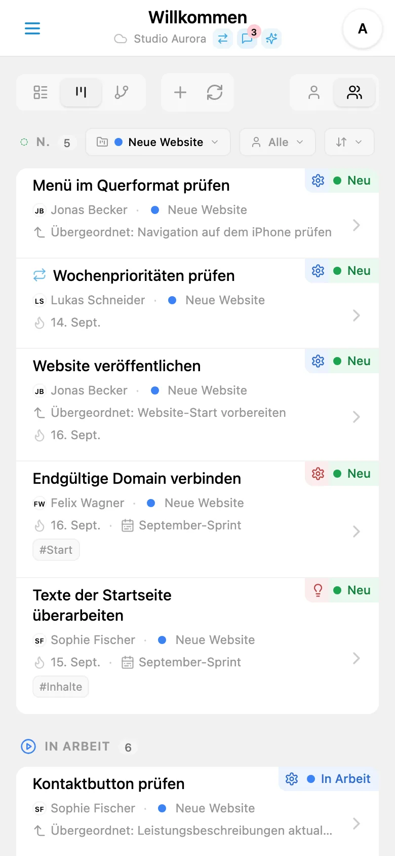 Aufgaben des ausgewählten Projekts mit seiner Farbmarkierung