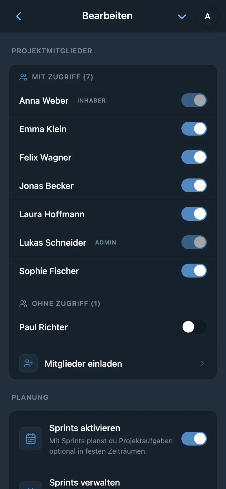Zugriffseinstellungen für das Projekt