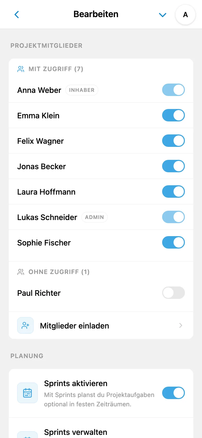 Zugriffseinstellungen für das Projekt