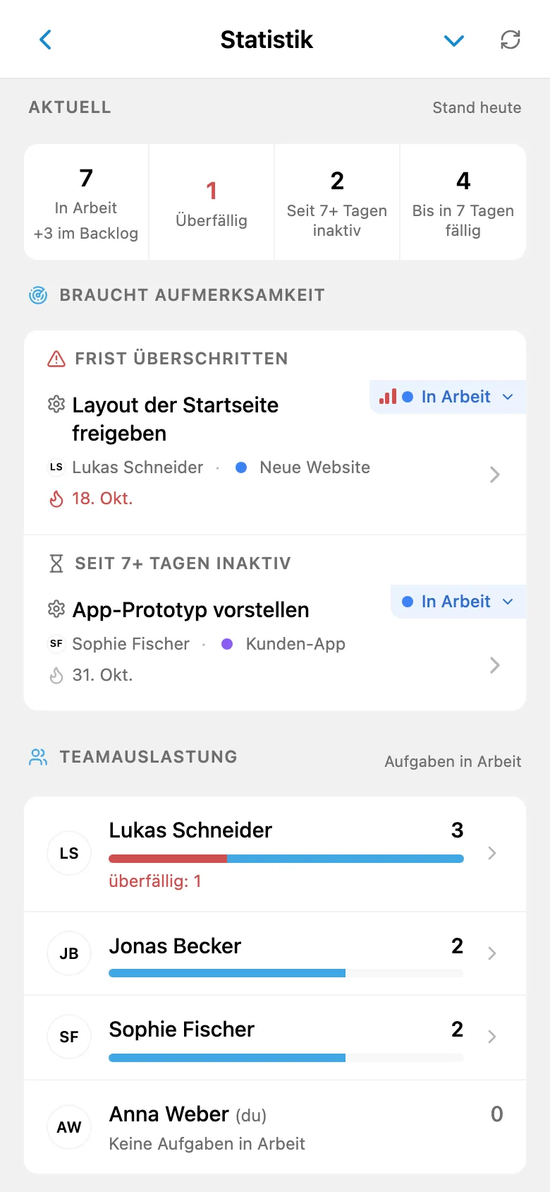 Arbeitsstatistik nach Projekt und Teammitglied