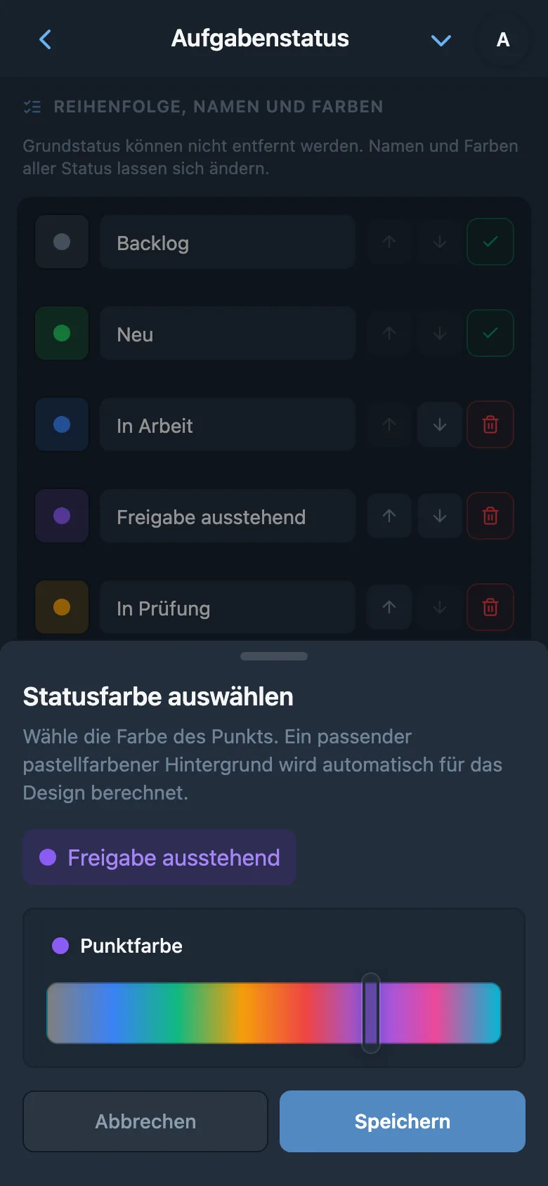 Namen eines Aufgabenstatus bearbeiten und dessen Farbe auswählen