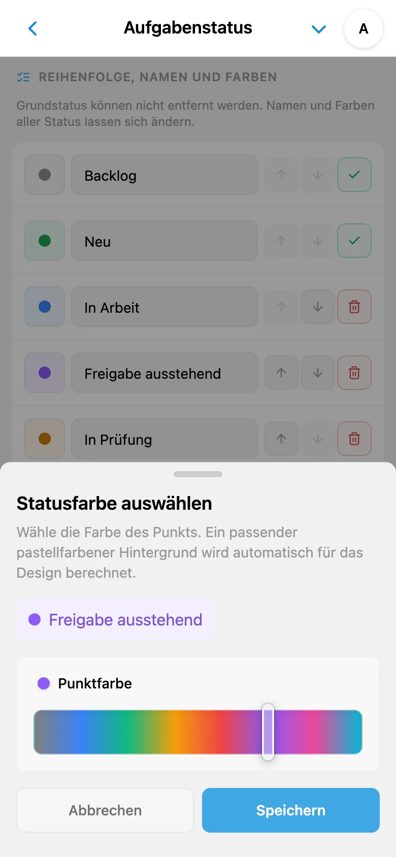Namen eines Aufgabenstatus bearbeiten und dessen Farbe auswählen