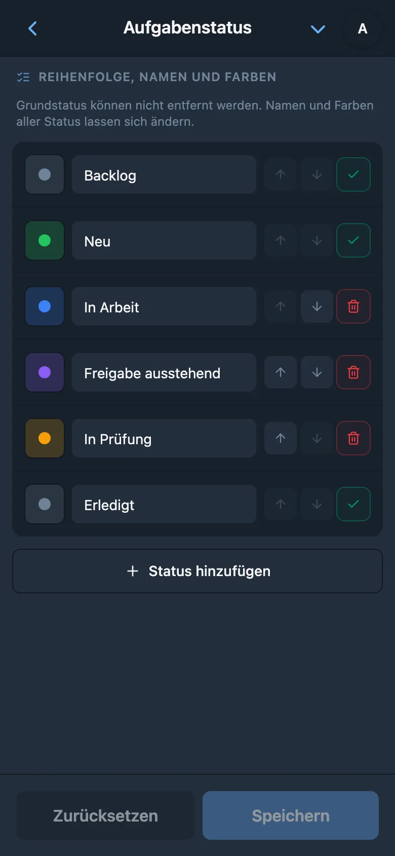 Liste der Aufgabenstatus mit Namen und Farben