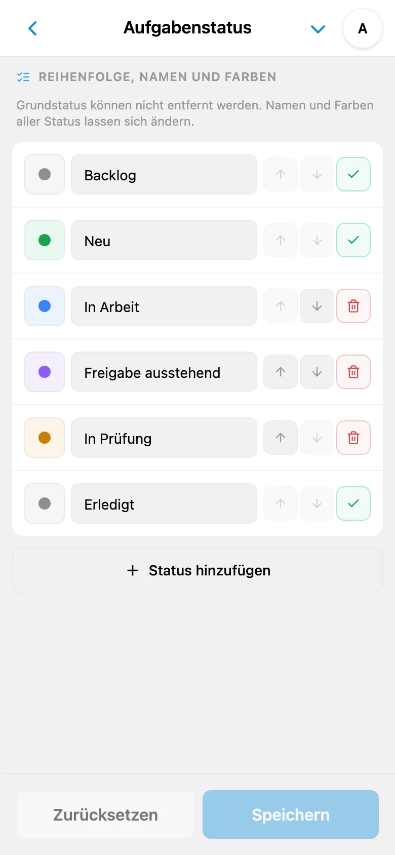 Liste der Aufgabenstatus mit Namen und Farben