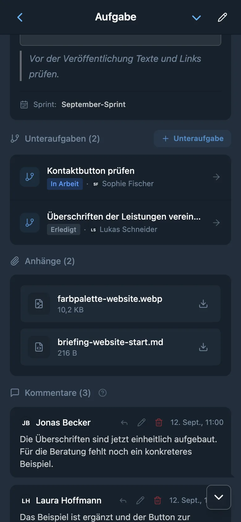 Anhänge in einer Aufgabenkarte