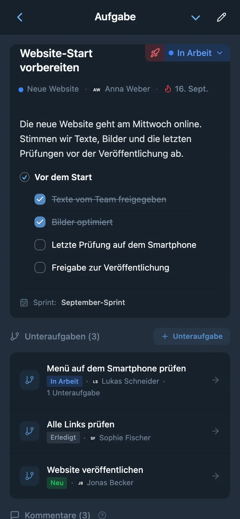 Aufgabenkarte mit zuständiger Person und Fälligkeit