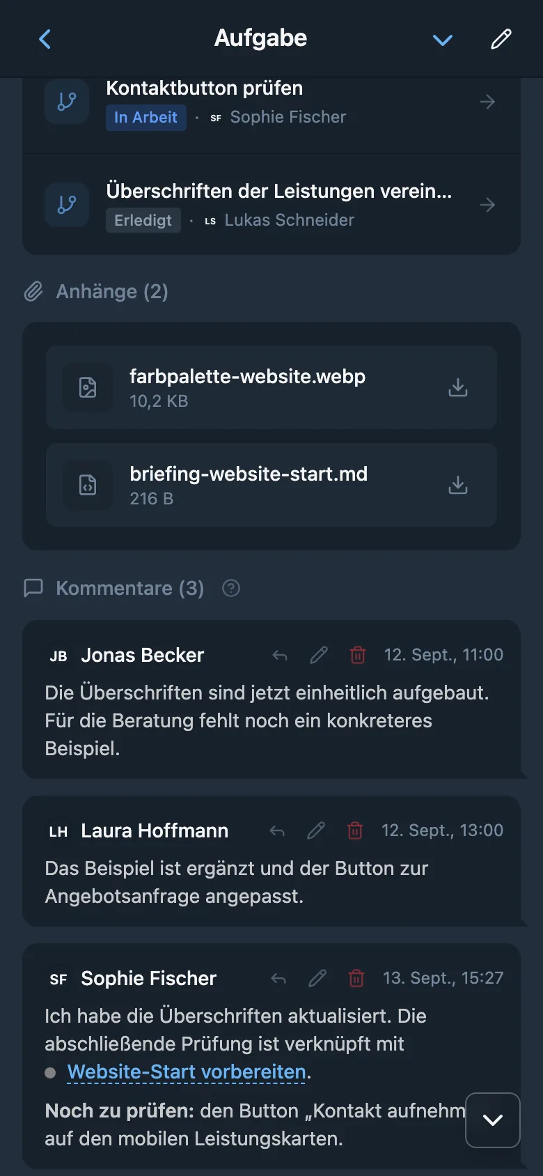 Teamgespräch in den Kommentaren einer Aufgabe