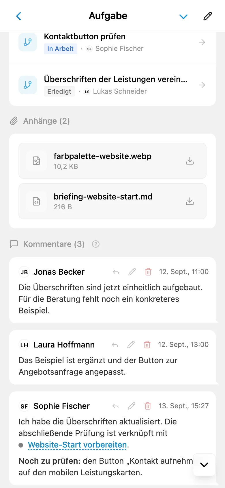 Teamgespräch in den Kommentaren einer Aufgabe