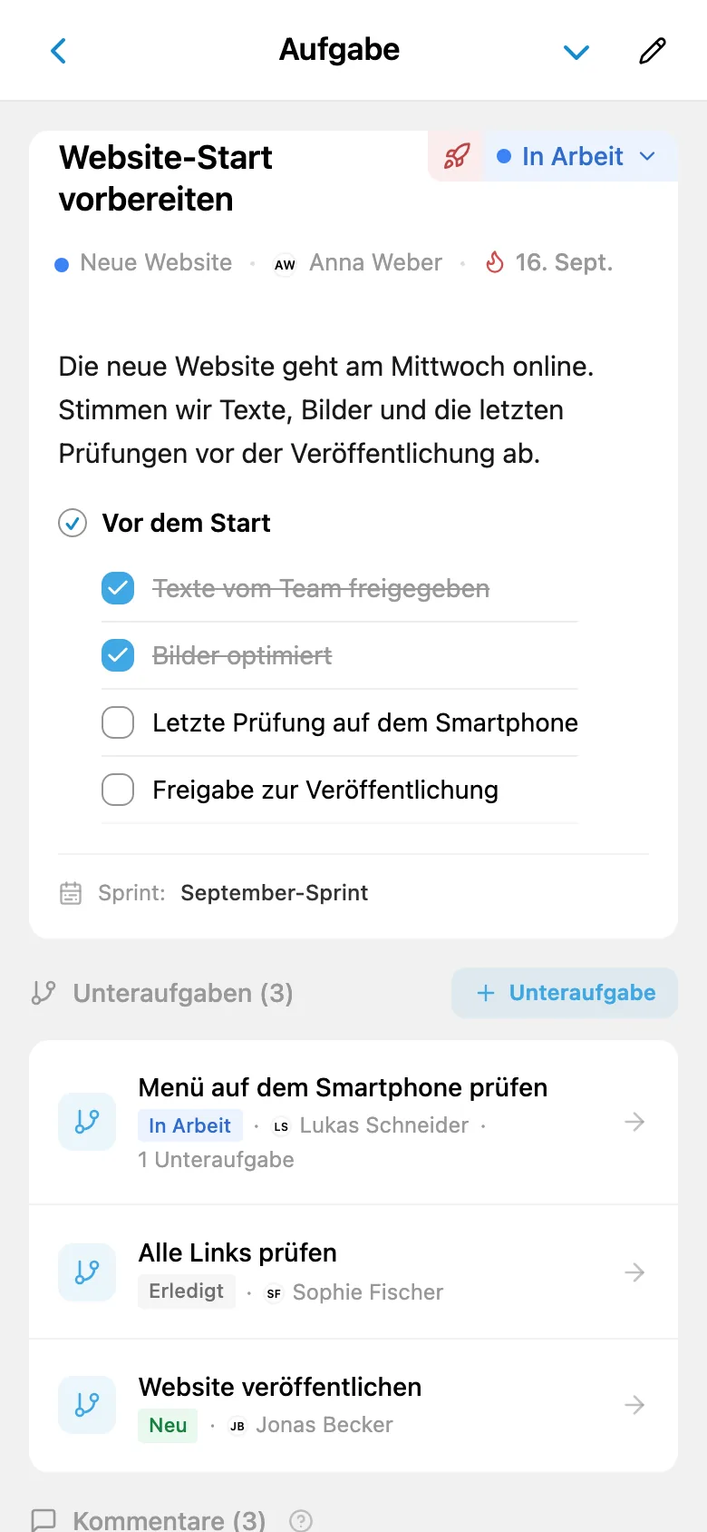 Aufgabenkarte mit zuständiger Person und Fälligkeit