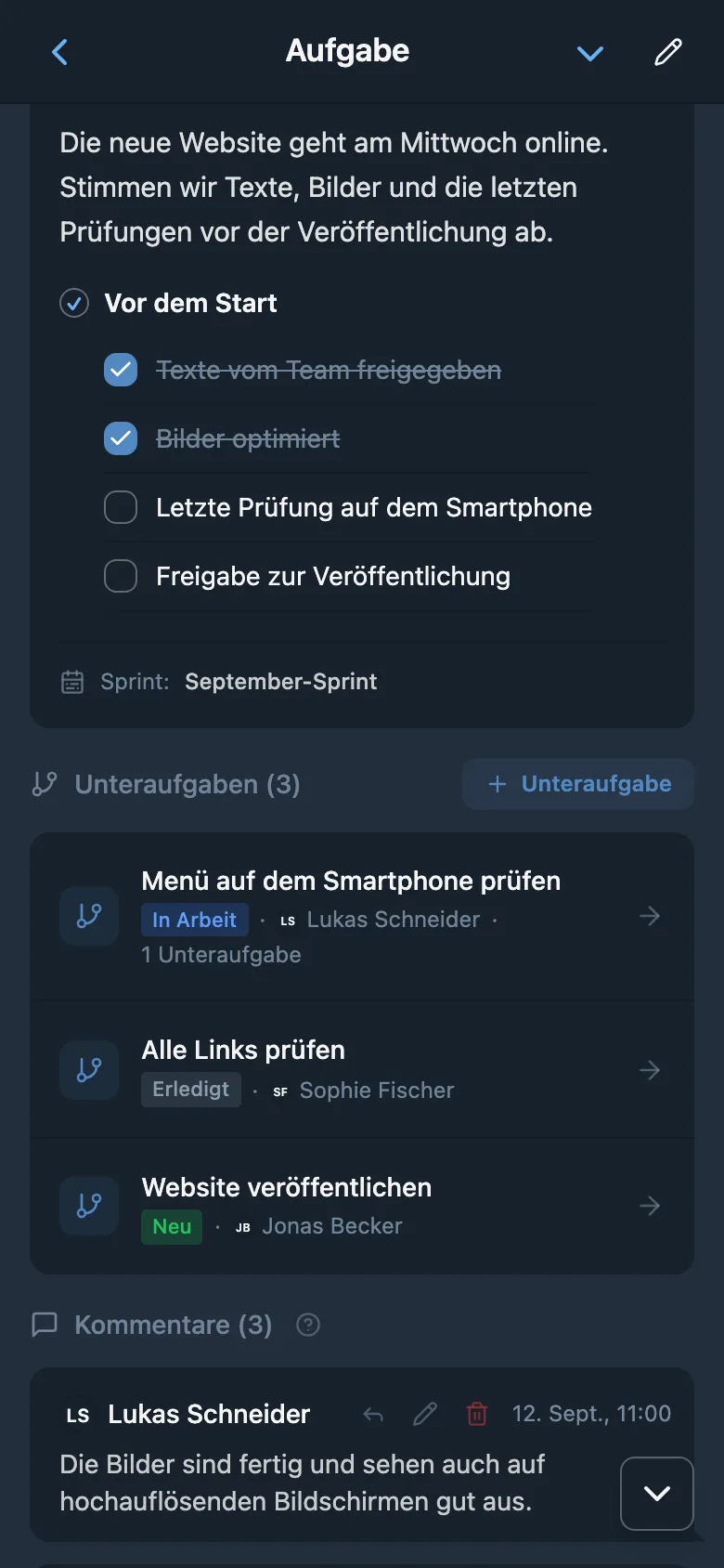 Aufgabenkarte mit Unteraufgaben, ihren Status und zuständigen Personen