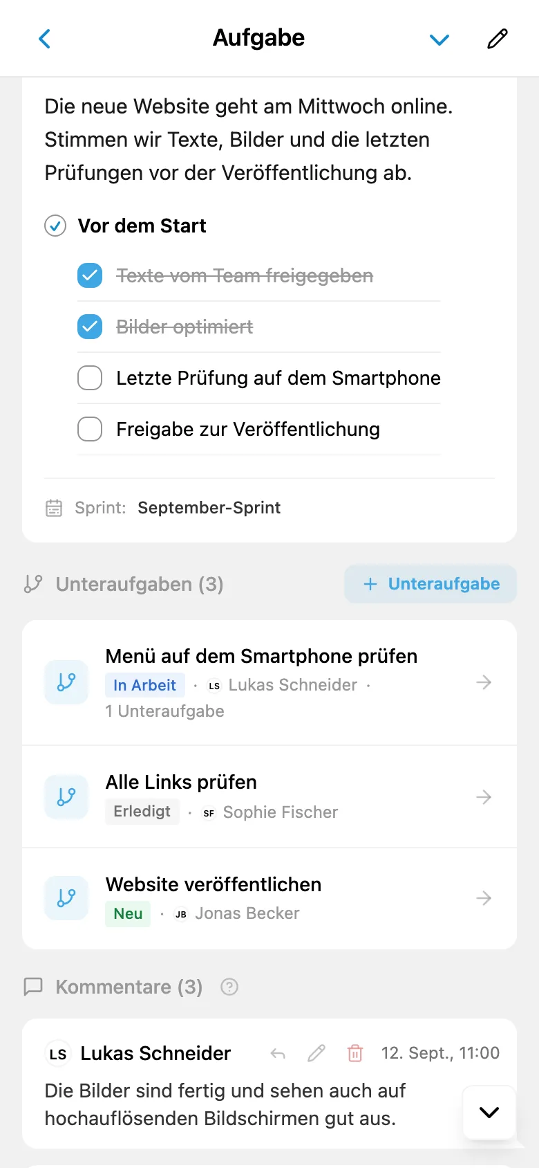 Aufgabenkarte mit Unteraufgaben, ihren Status und zuständigen Personen