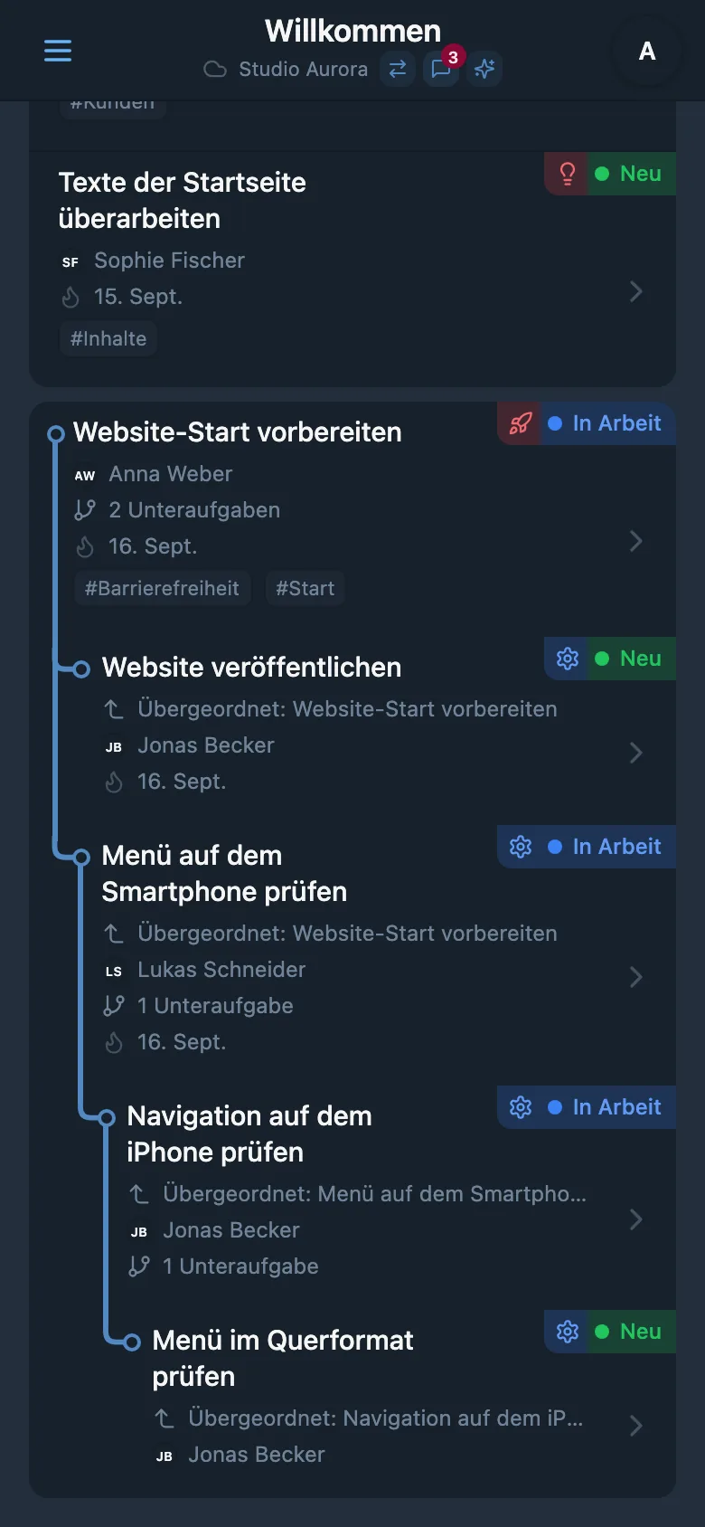 Ausgeklappter Aufgabenbaum eines Projekts mit mehreren Unteraufgabenebenen