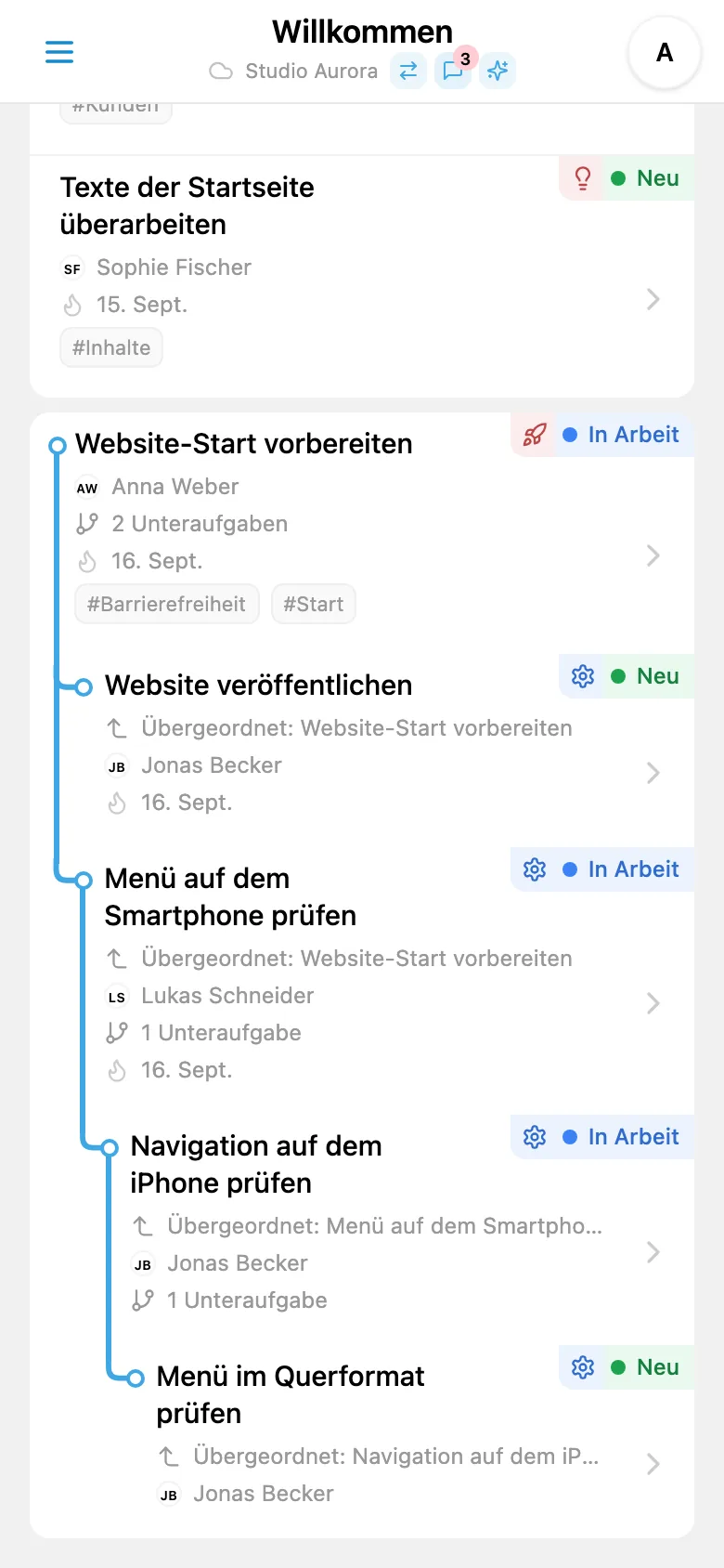 Ausgeklappter Aufgabenbaum eines Projekts mit mehreren Unteraufgabenebenen