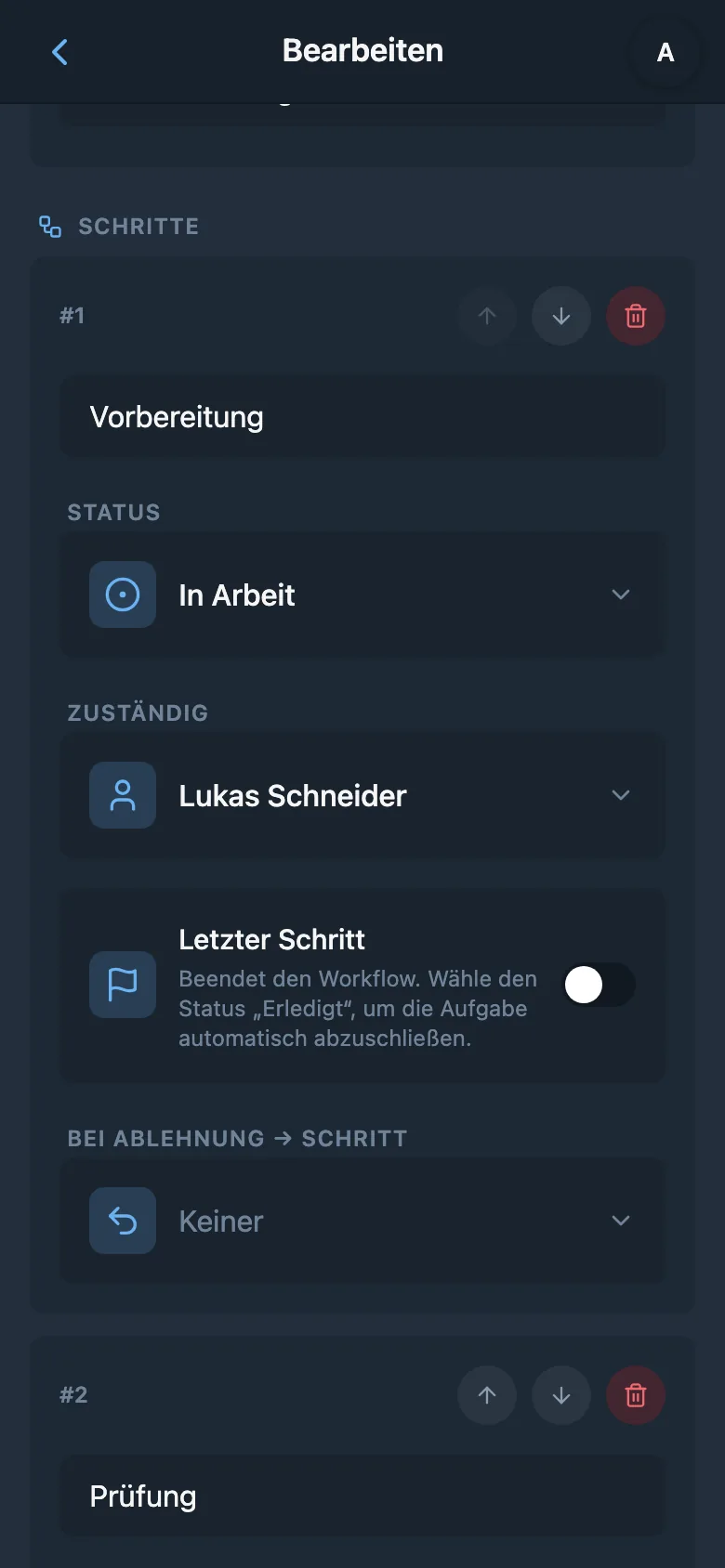 Einstellungen der Phase mit zugewiesenem Teammitglied