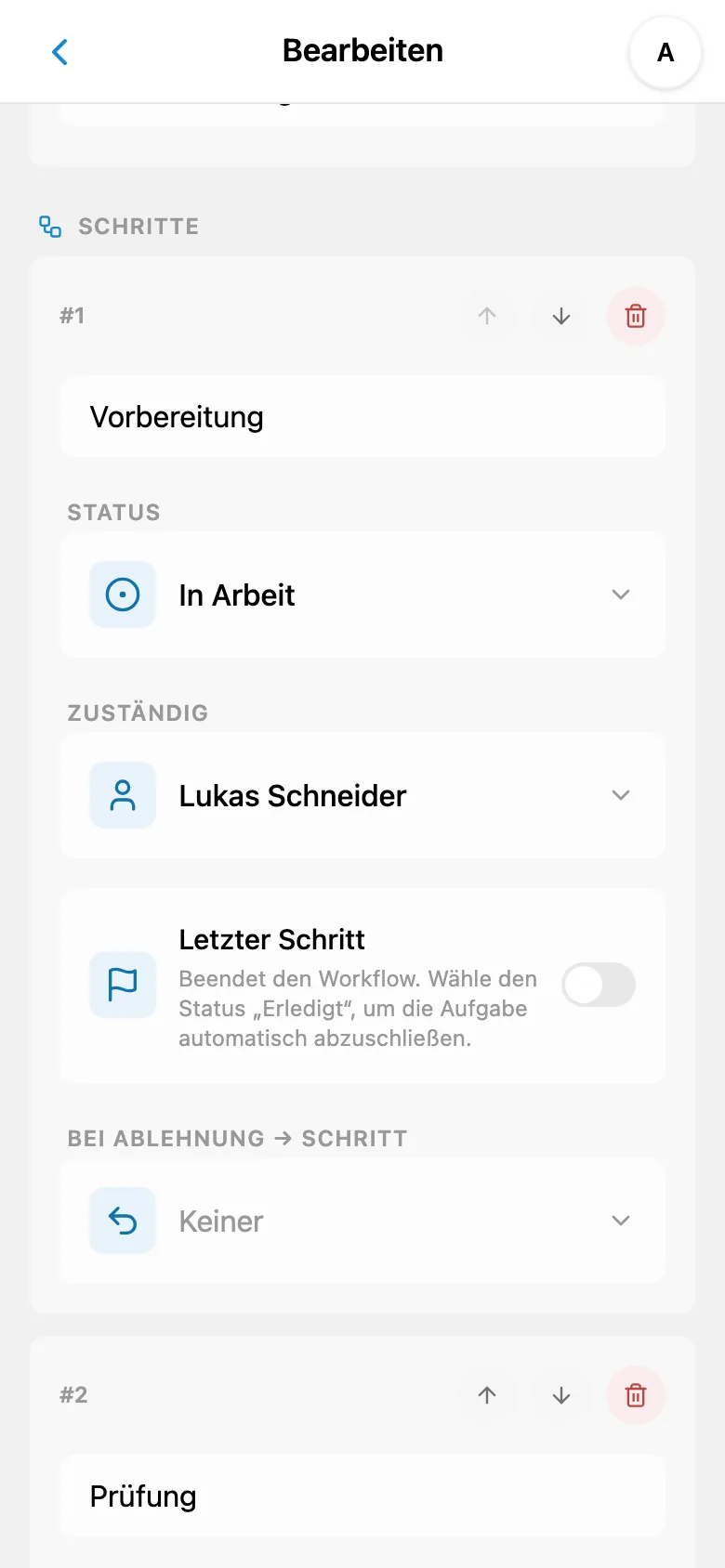 Einstellungen der Phase mit zugewiesenem Teammitglied