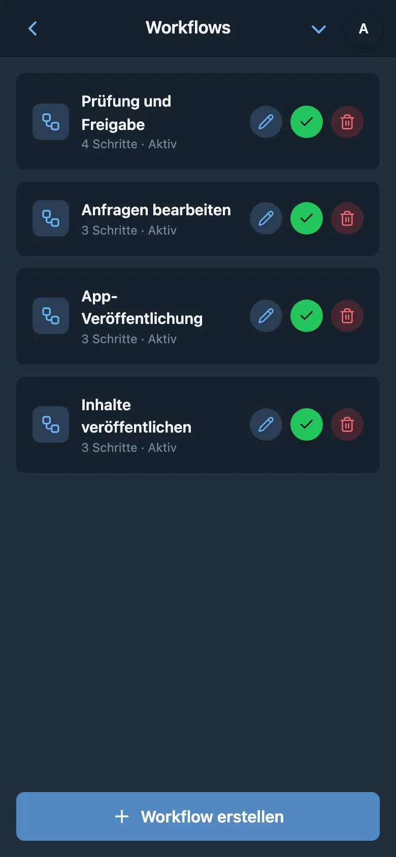 Liste der Workflows mit Anzahl der Schritte und Aktivstatus