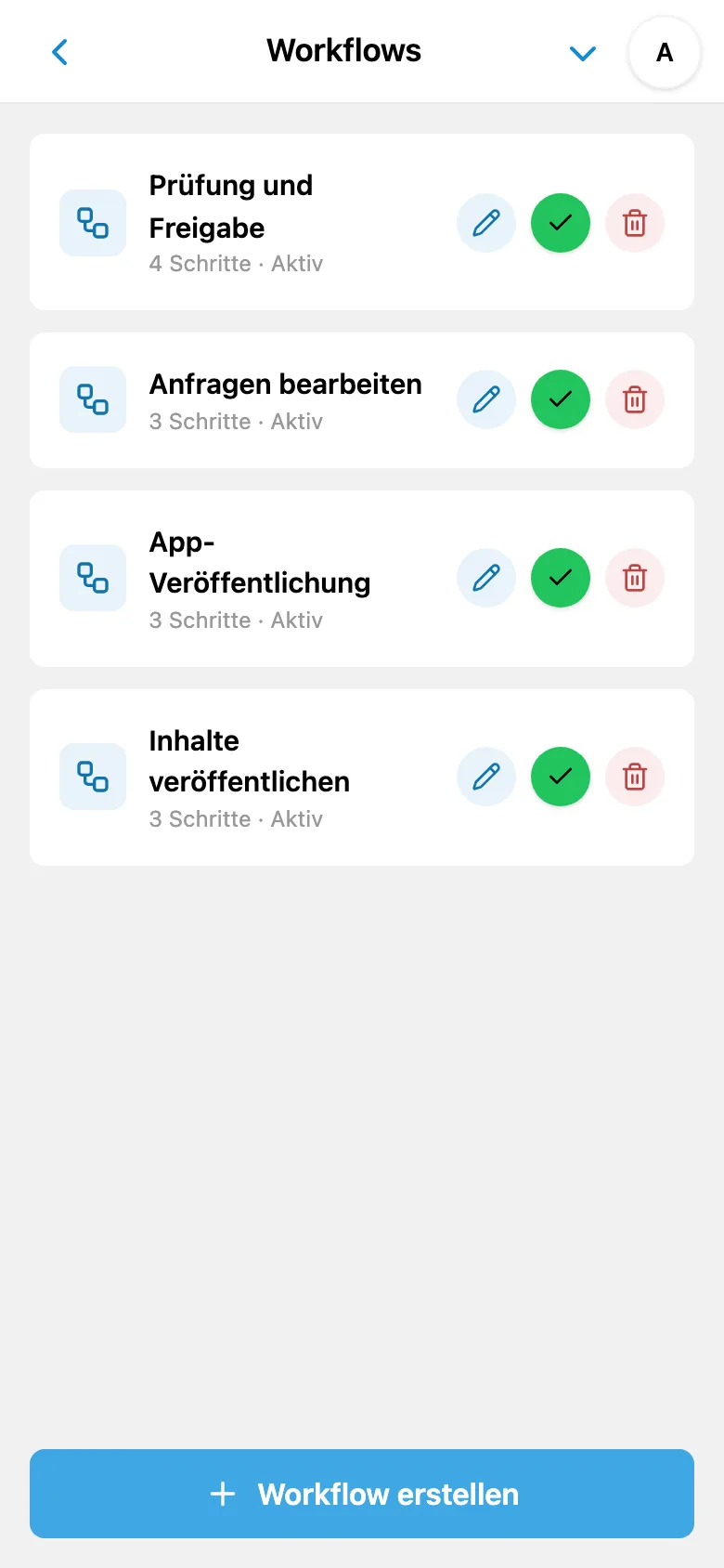 Liste der Workflows mit Anzahl der Schritte und Aktivstatus