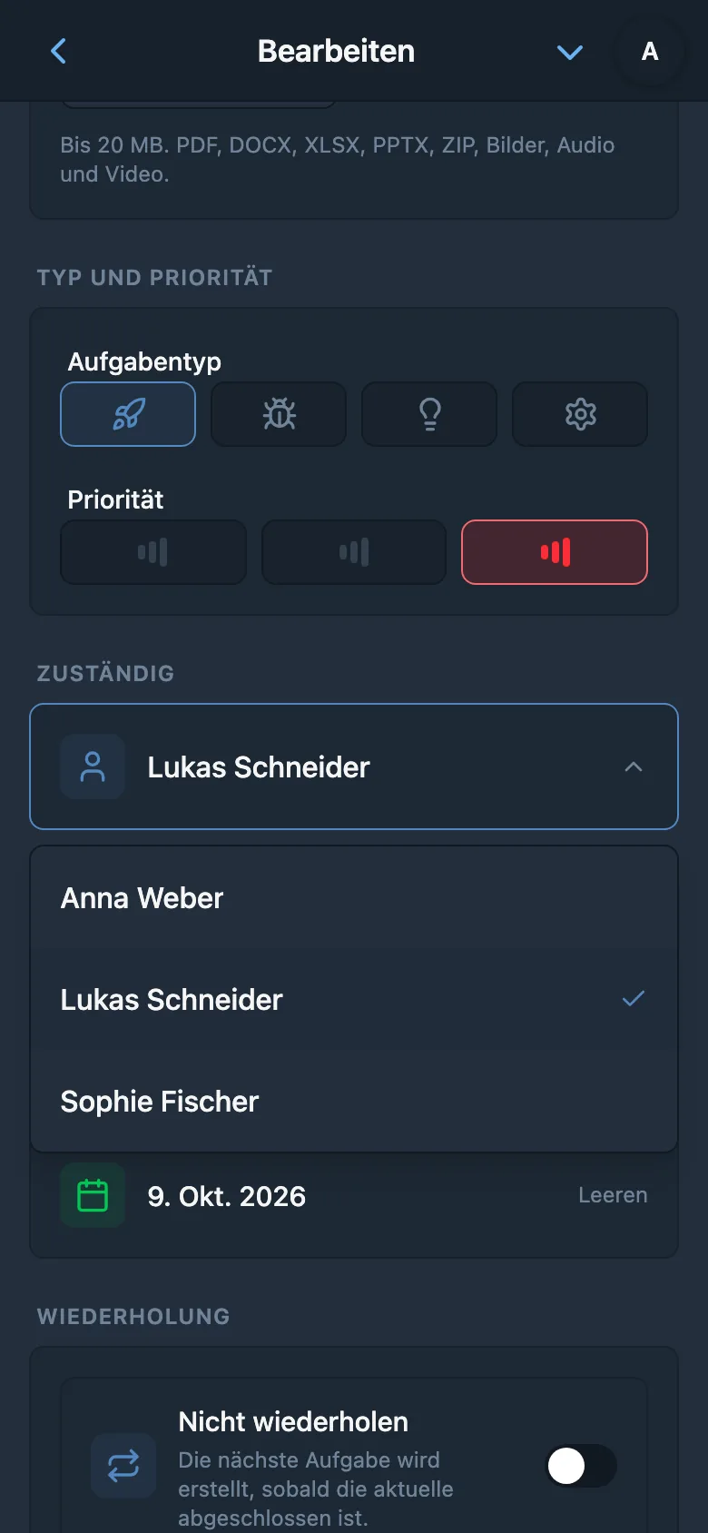 Zuständige Person aus den Workspace-Mitgliedern auswählen