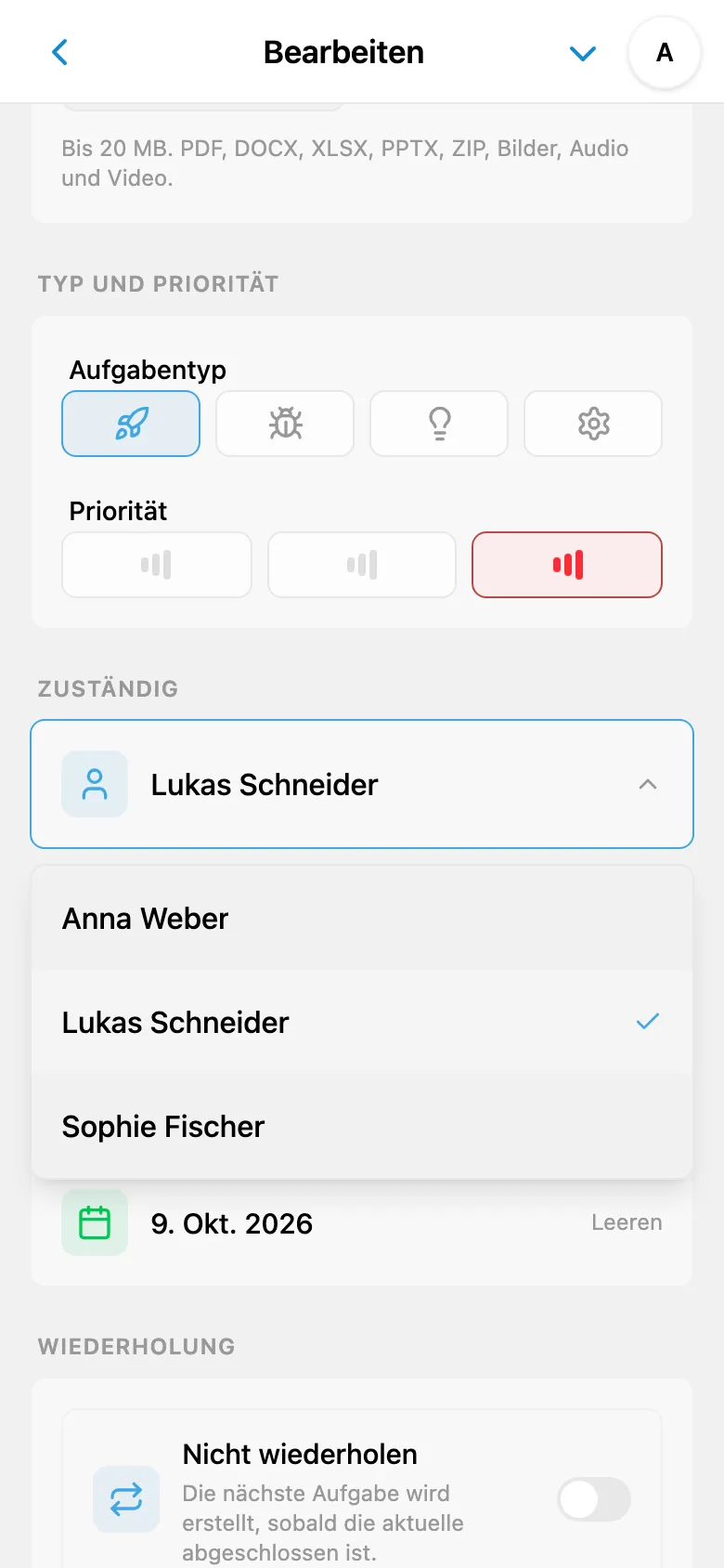 Zuständige Person aus den Workspace-Mitgliedern auswählen