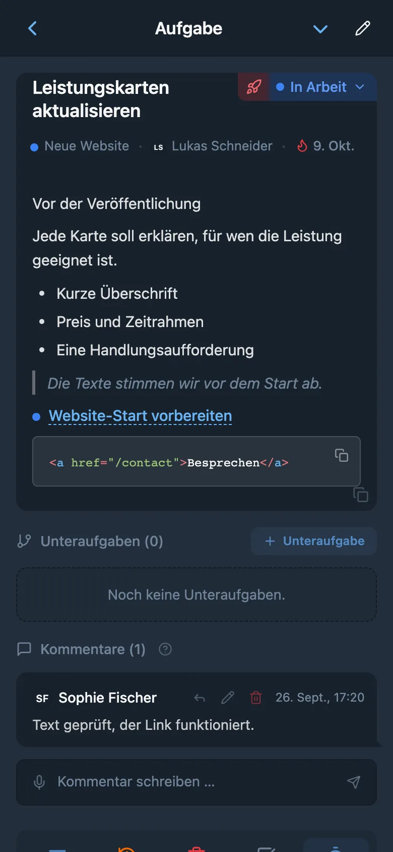 Aufgabenbeschreibung mit Aufzählung, Link, Codeblock und Zitat