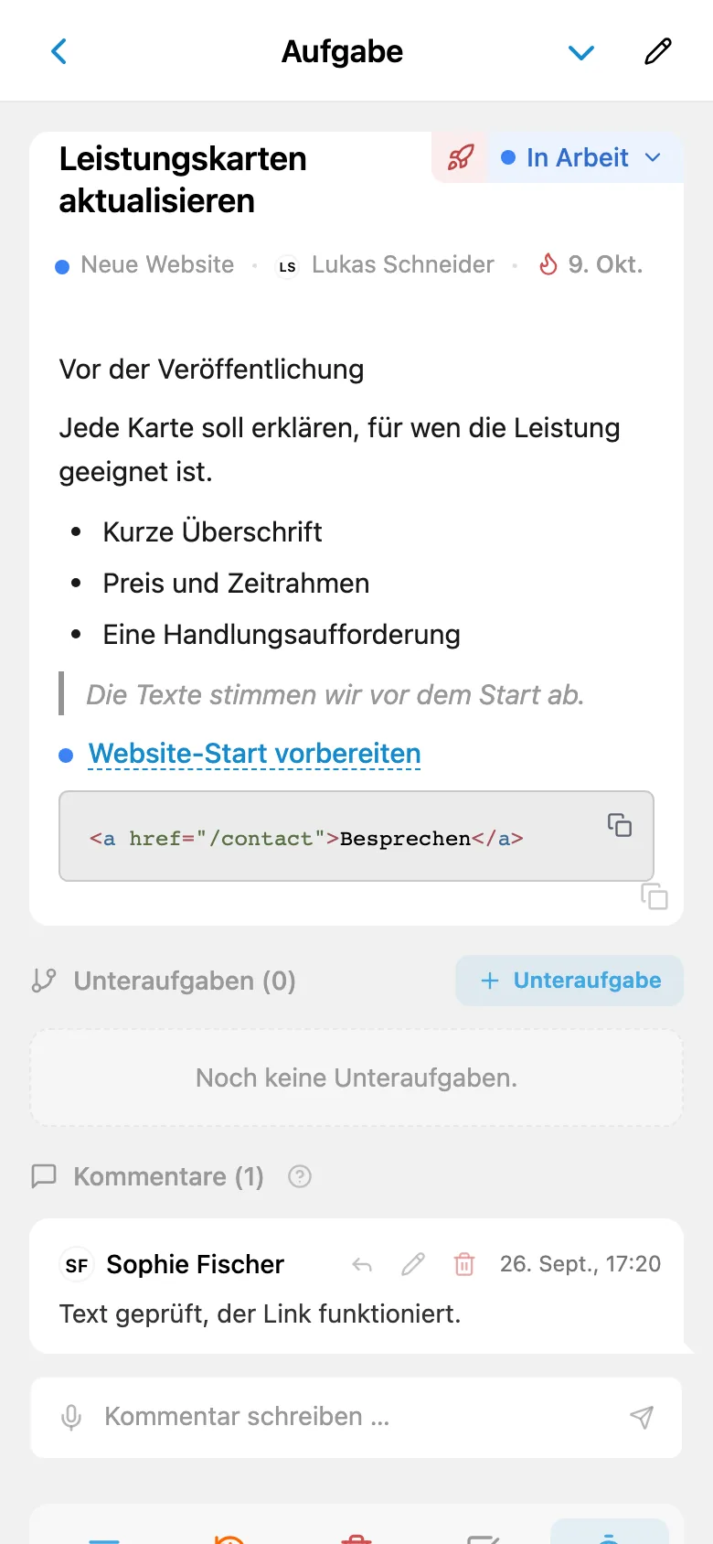 Aufgabenbeschreibung mit Aufzählung, Link, Codeblock und Zitat