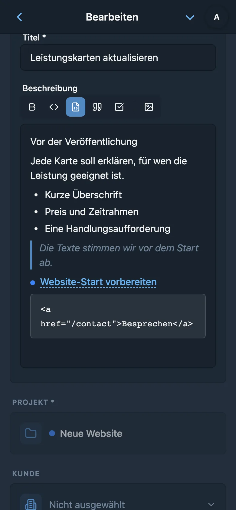 Editor für Aufgabenbeschreibungen mit Formatierung und Codeblock