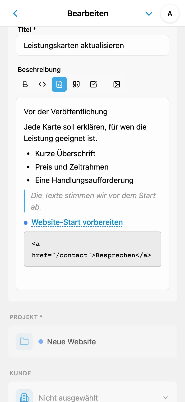 Editor für Aufgabenbeschreibungen mit Formatierung und Codeblock