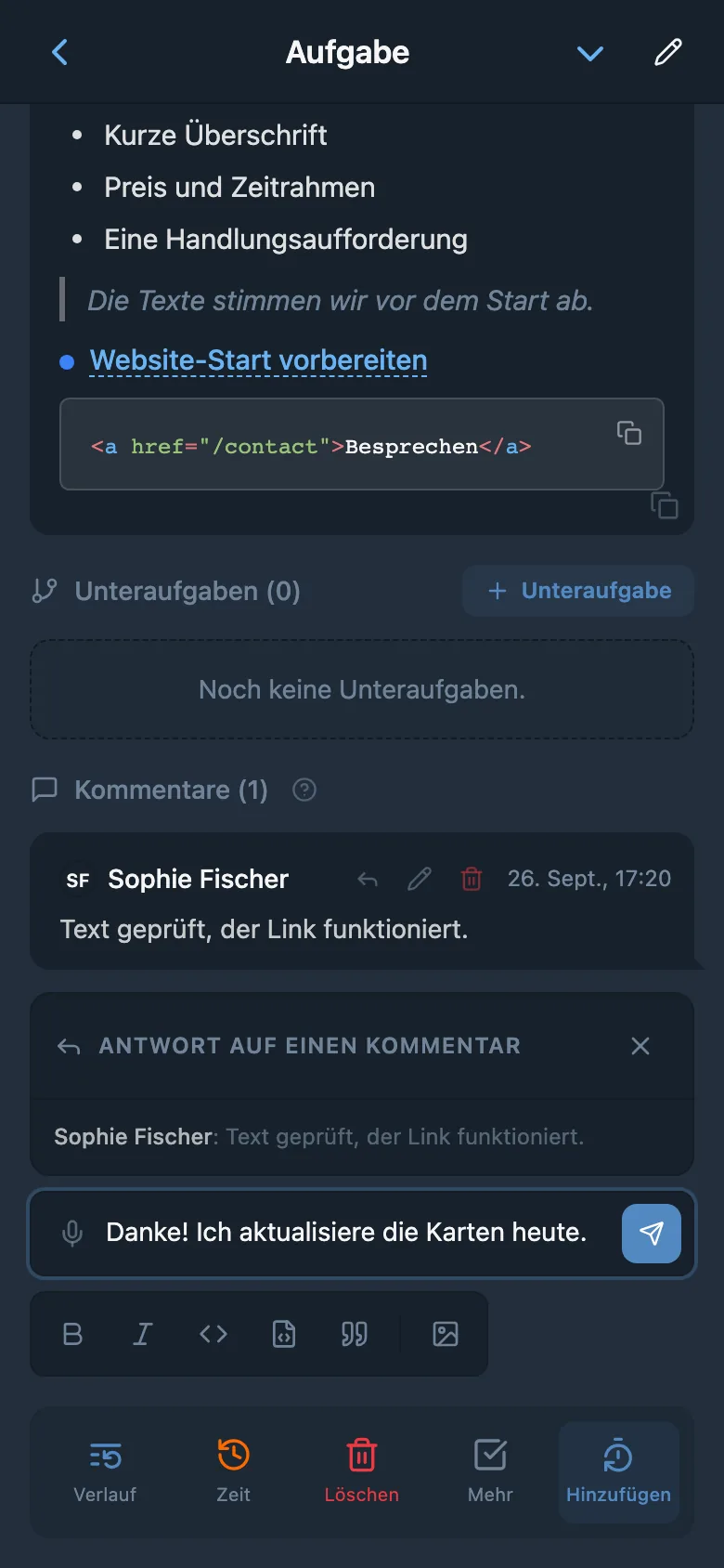 Antwort an ein Teammitglied mit Zitat des Kommentars