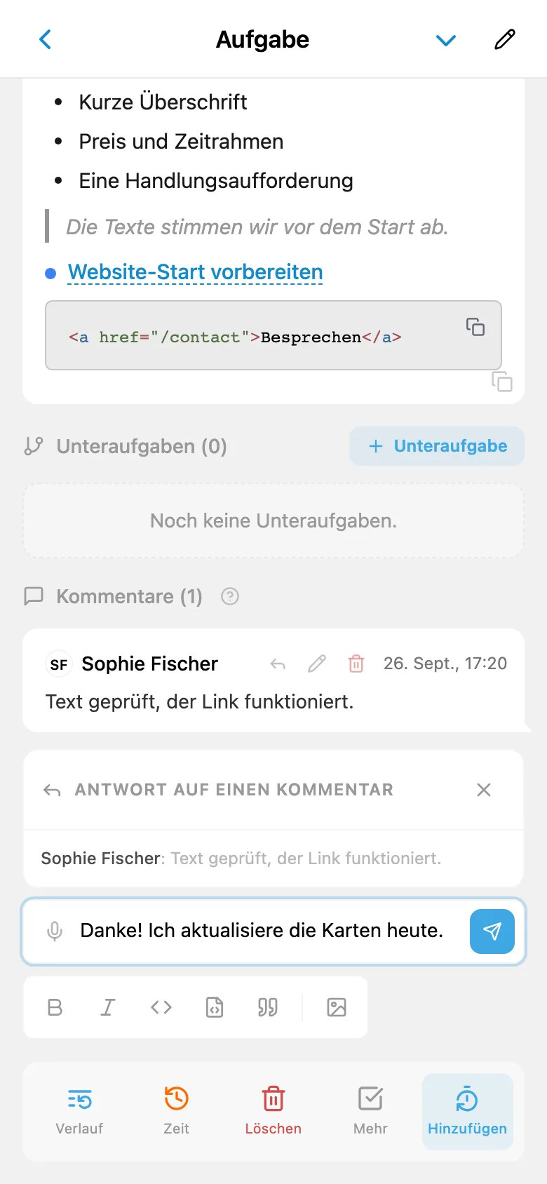 Antwort an ein Teammitglied mit Zitat des Kommentars