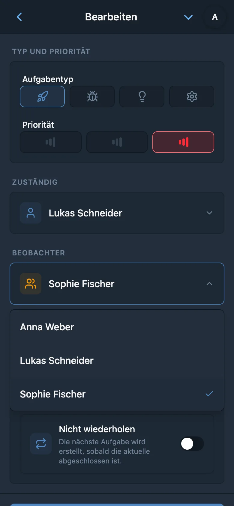 Beobachter der Aufgabe auswählen