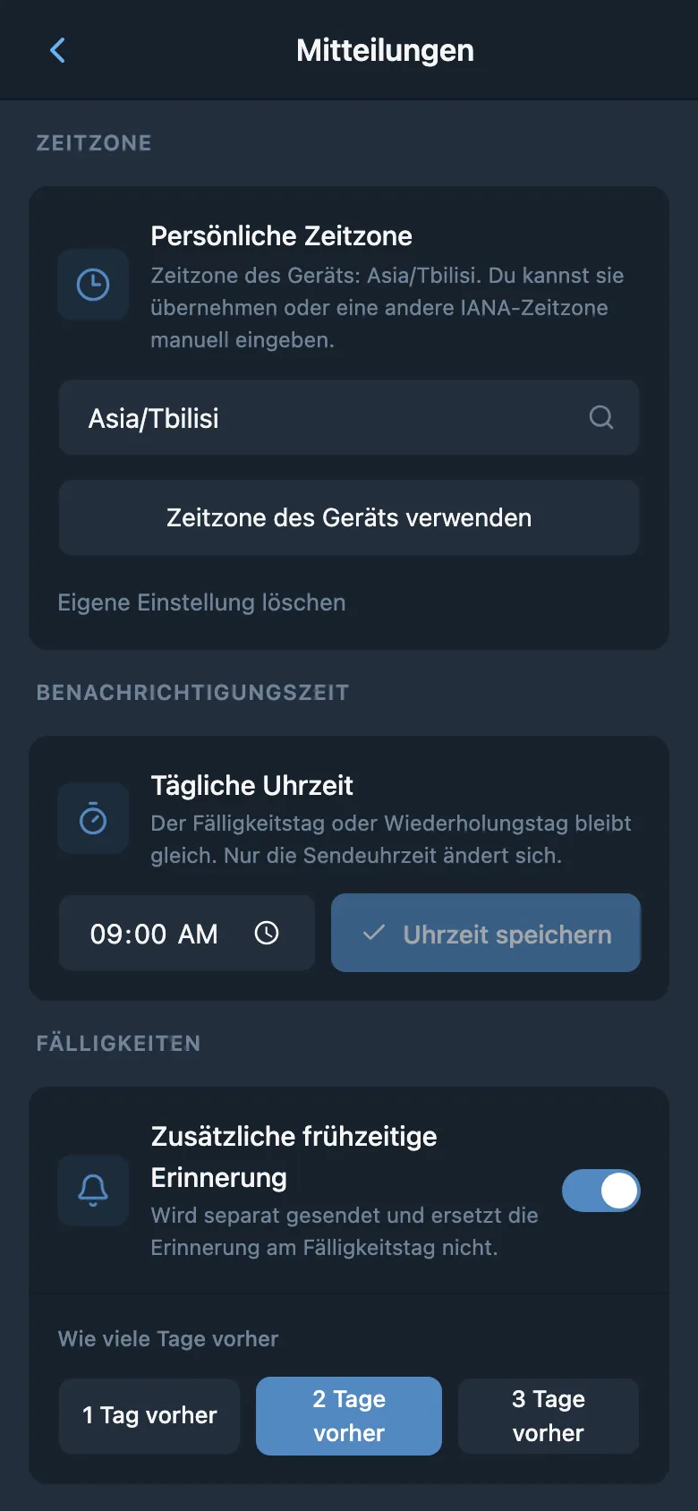 Einstellungen für Zeitzone, Benachrichtigungszeit und Erinnerungen vor dem Fälligkeitstermin
