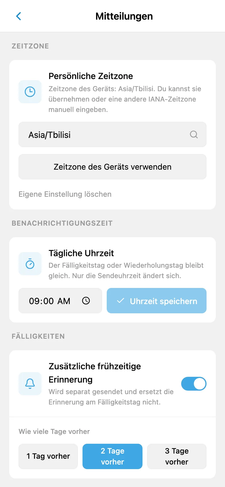 Einstellungen für Zeitzone, Benachrichtigungszeit und Erinnerungen vor dem Fälligkeitstermin