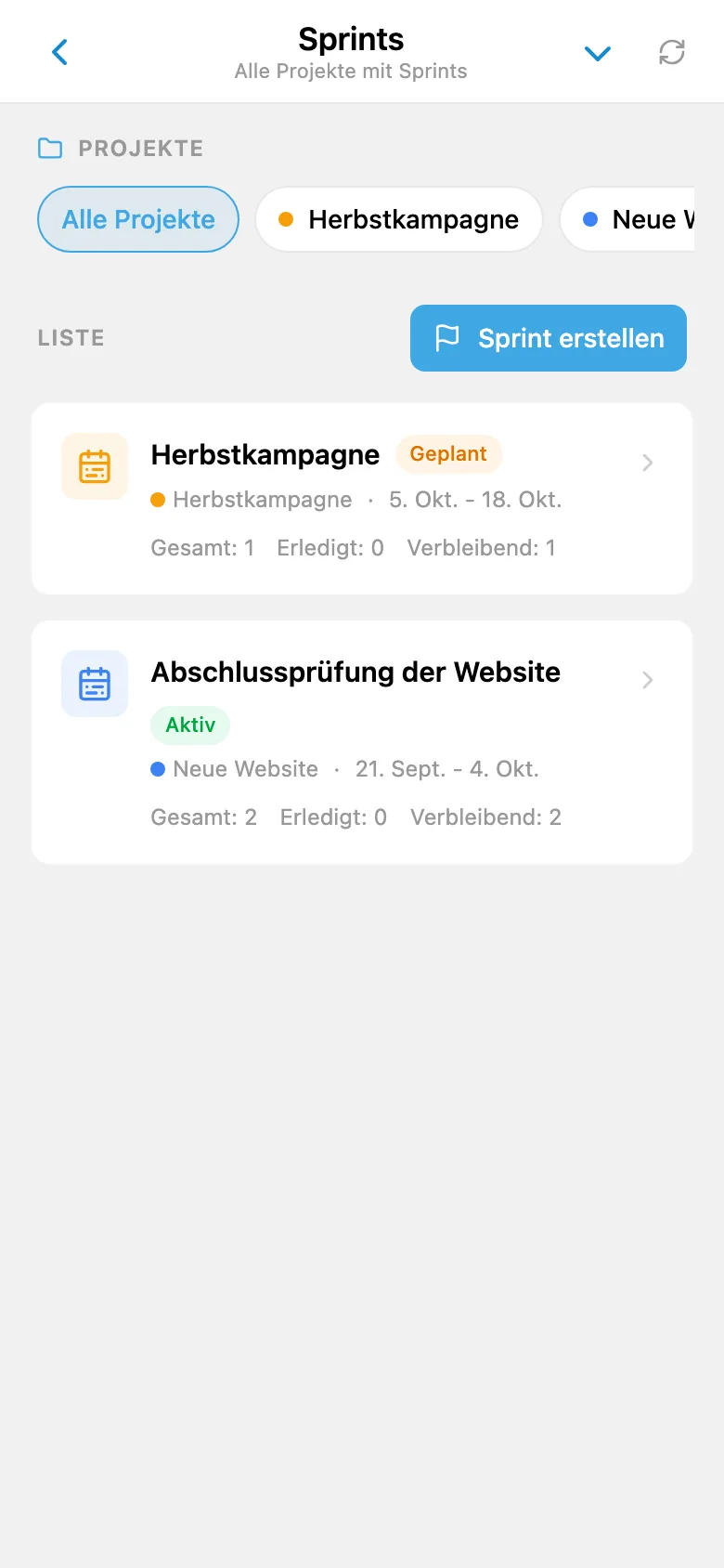 Projekt-Sprintliste mit Iterationsdaten und Status