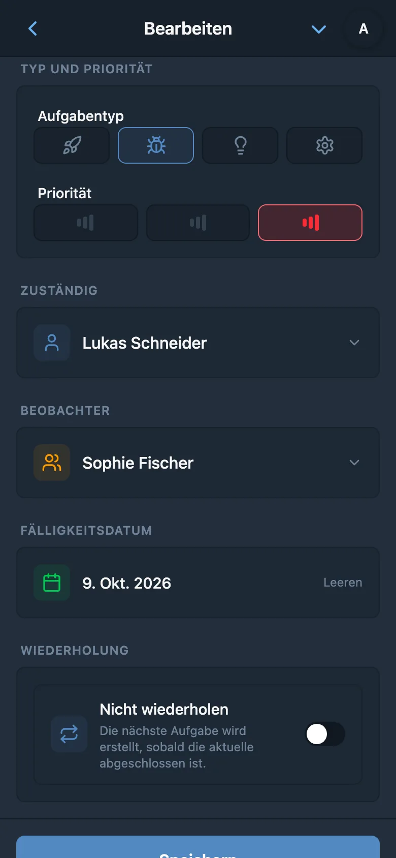 Aufgabenfelder mit Typ „Fehler“, hoher Priorität, zuständiger Person, Beobachter und Fälligkeit