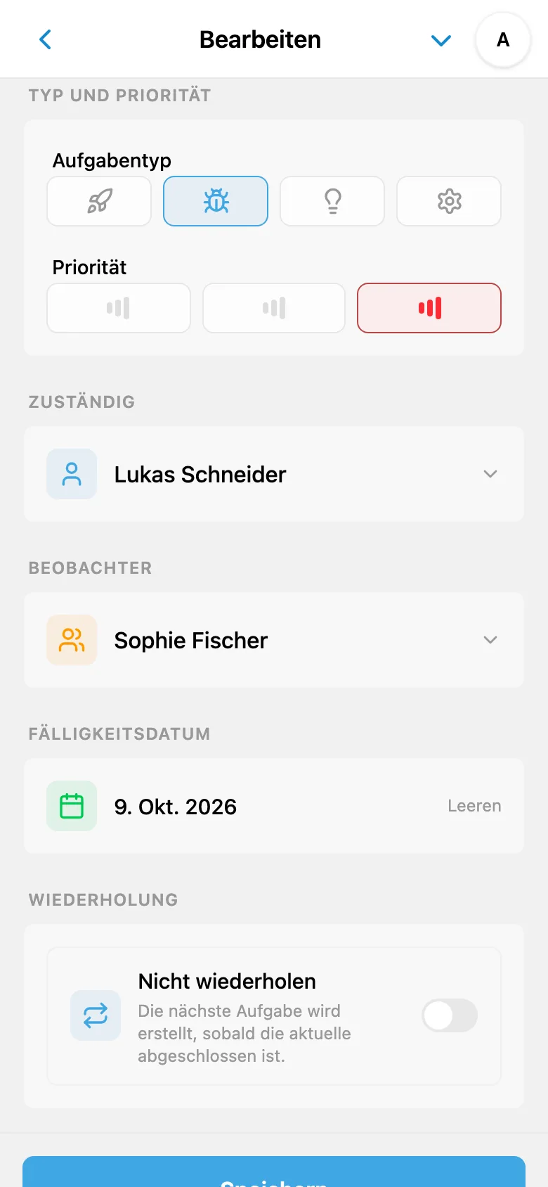 Aufgabenfelder mit Typ „Fehler“, hoher Priorität, zuständiger Person, Beobachter und Fälligkeit
