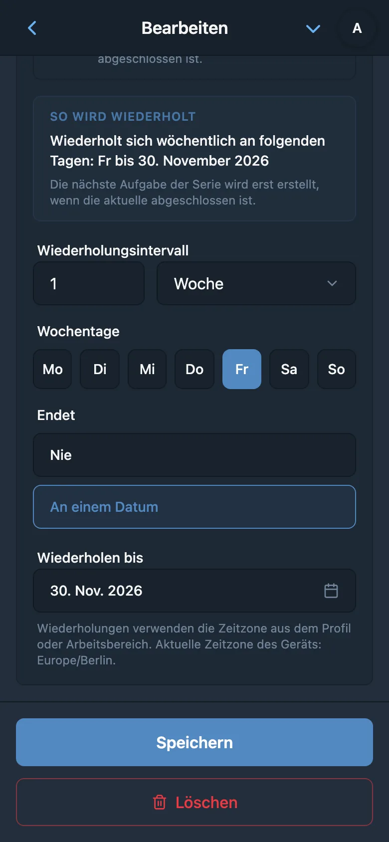 Wiederholungsregel für eine Aufgabe jeden Freitag mit Enddatum der Serie
